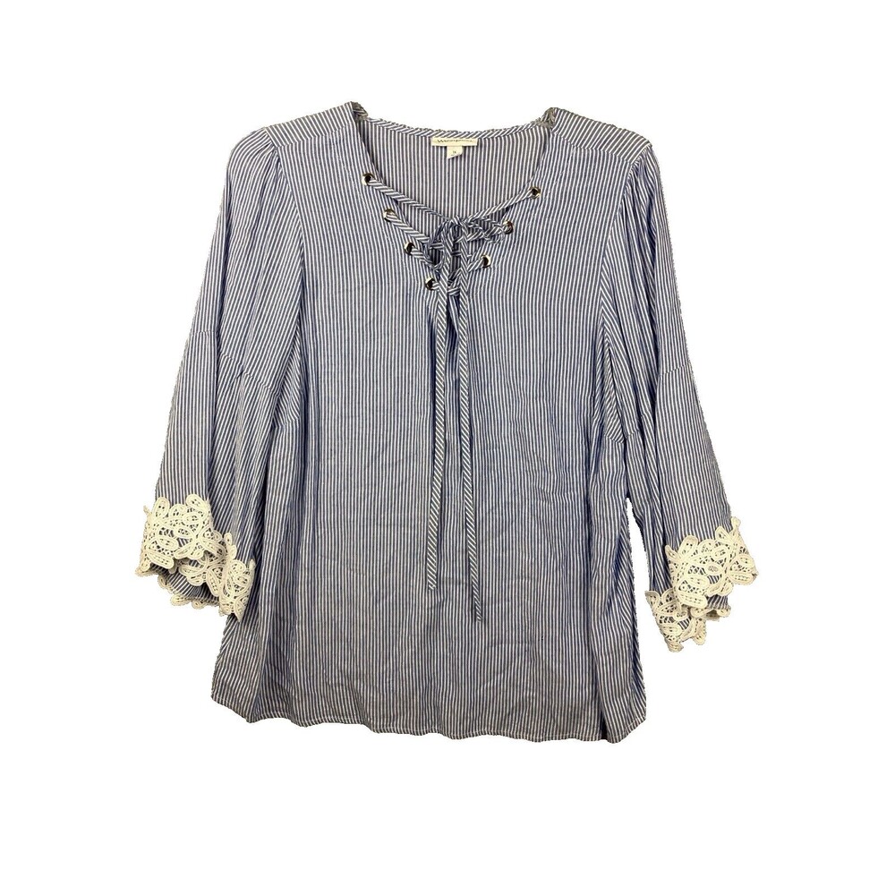 Westport Striped Blouse Plus Size 1X Lace Trimmed 3/4 Sleeve with Lace-Up Front